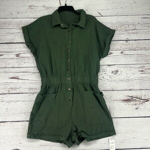 Army Green Collared Smocked Waist Romper